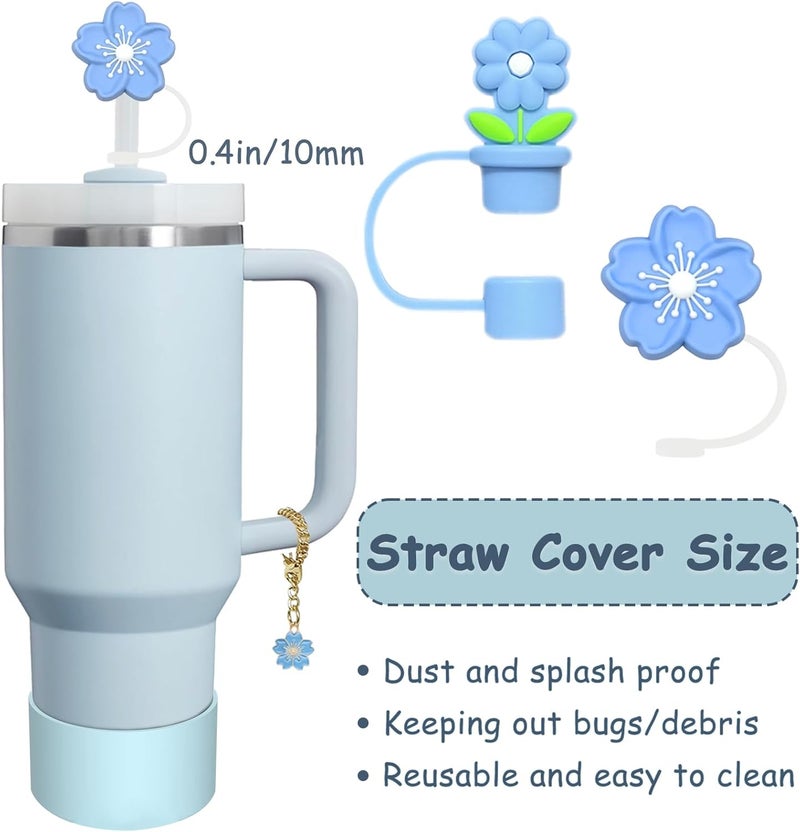 vikgle Stanley Cup Accessories Set,Including 2 Pcs 0.4in Straw Cover, 1 Silicone Spill-Proof Stopper Set of 3, 1 Cute Flower Handle Charm, 1 Silicone Boot Fits Stanley 40&30 Oz Tumbler (Blue) - Image 2